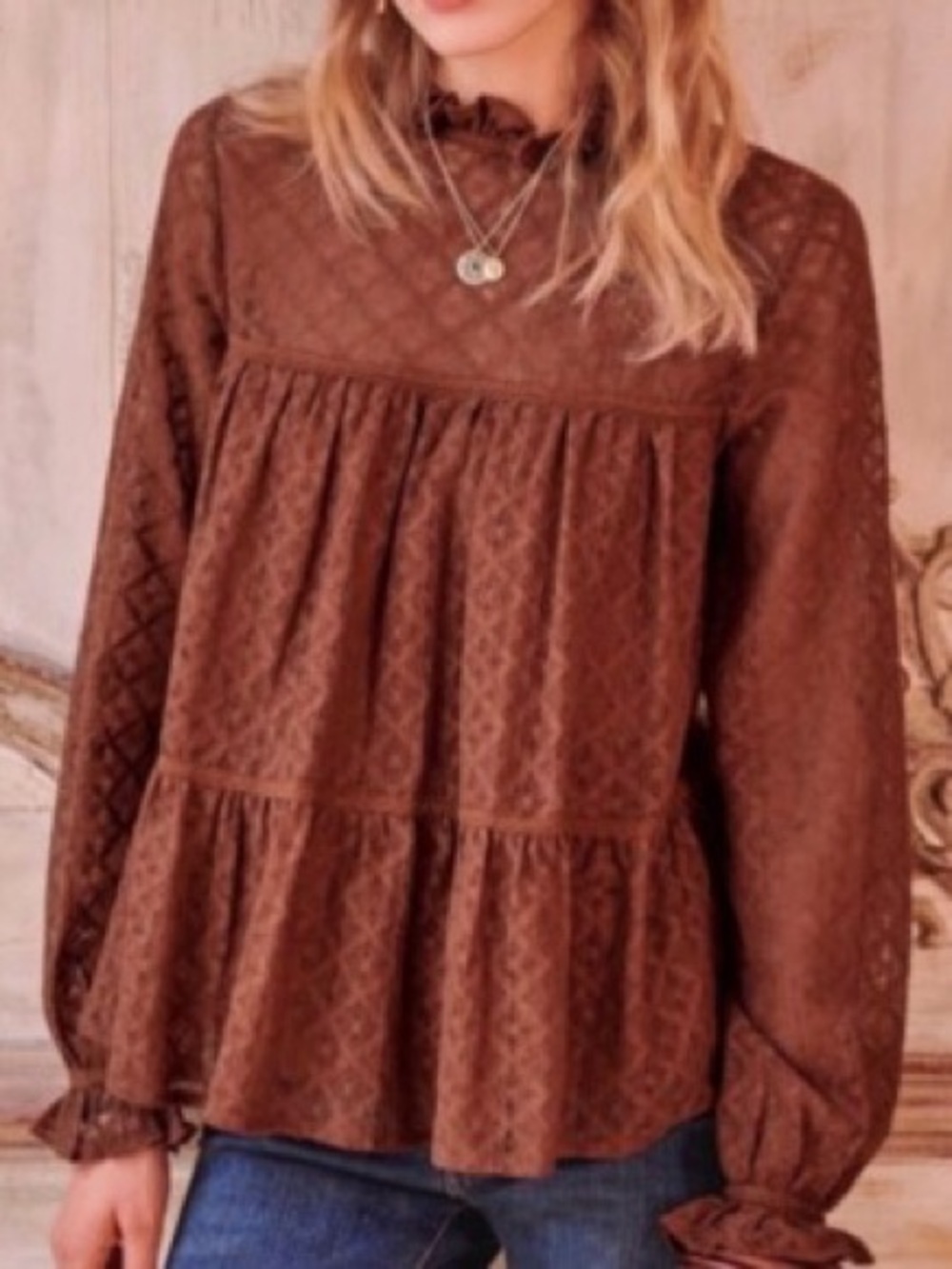 Sézane Gabbie Lace Tiered Ruffle Blouse in brown cotton